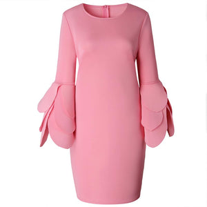 Exaggerated Round Neck Long Sleeve Knee Length Bodycon Dress #Round Neck #Plain #Unique Flower Cuffs SA-BLL36251-2 Fashion Dresses and Midi Dress by Sexy Affordable Clothing
