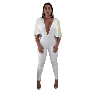 Ruth Pearl Falling Sleeve Jumpsuit #White #Deep-V SA-BLL55513-1 Women's Clothes and Jumpsuits & Rompers by Sexy Affordable Clothing