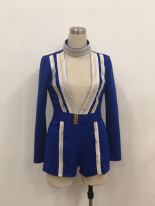 Nautical Goddess Short Romper With Belt #Blue #Long Sleeves SA-BLL55388-1 Women's Clothes and Jumpsuits & Rompers by Sexy Affordable Clothing