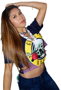 Guns & Roses Lace Up Crop Top  SA-BLL526 Women's Clothes and Blouses & Tops by Sexy Affordable Clothing