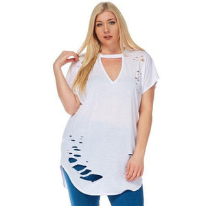 Womens Plus Size Ripped Cut Out Plain Short Sleeve T Shirt White #White # SA-BLL493-1 Women's Clothes and Women's T-Shirts by Sexy Affordable Clothing