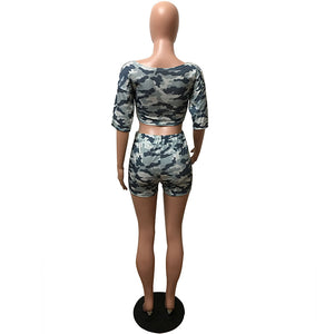 Dew Shoulder Camouflage Two-piece Shorts Set With Half Sleeves #Two Piece #Half Sleeves #Camo SA-BLL282517 Sexy Clubwear and Pant Sets by Sexy Affordable Clothing