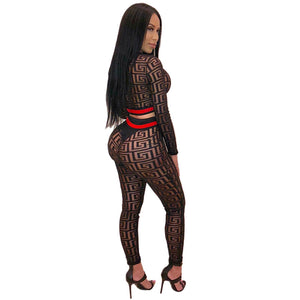 Sexy See-through Printed Skinny Two-piece Pants Set #Black #Long Sleeve #Print SA-BLL2728 Sexy Clubwear and Pant Sets by Sexy Affordable Clothing