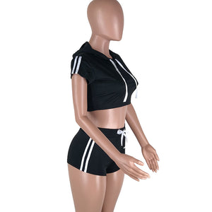 Play A Game Of Tennis Short Set - Black/White #Short Sleeve #Hooded #Striped #Crop Top SA-BLL2234-1 Sexy Clubwear and Pant Sets by Sexy Affordable Clothing