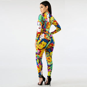 Character Print Deep V Bodysuit #Long Sleeve #Zipper SA-BLL55532 Women's Clothes and Jumpsuits & Rompers by Sexy Affordable Clothing