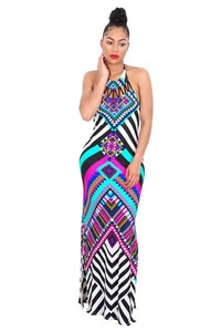 Fuchsia Tribal Print Halter Backless Slit Sexy Bodycon Maxi Dress #Mini Dress # SA-BLL51408-2 Fashion Dresses and Maxi Dresses by Sexy Affordable Clothing