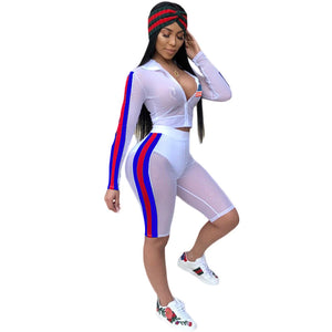 XO Mesh Shorts Set (White) w/ American Flag Patch #White #Mesh #American Flag Patch SA-BLL282551-2 Sexy Clubwear and Pant Sets by Sexy Affordable Clothing