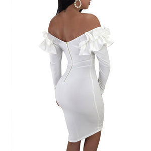 V Neck Ruffle Sleeve Cocktail Dress #White #V Neck #Long Sleeve #Ruffle SA-BLL36215-3 Fashion Dresses and Midi Dress by Sexy Affordable Clothing