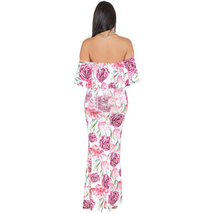 White Floral Print Off-the-shoulder Maxi Dress #Off Shoulder #Zipper #Print SA-BLL51310-1 Fashion Dresses and Maxi Dresses by Sexy Affordable Clothing