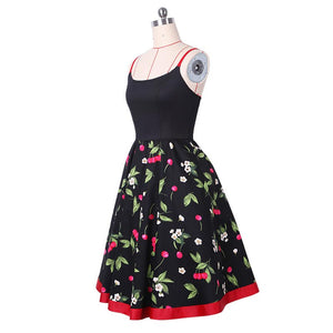 Cherry Print Slip Fit and Flare Dress #Black SA-BLL36190 Fashion Dresses and Skater & Vintage Dresses by Sexy Affordable Clothing