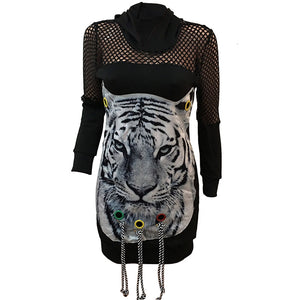 Mesh Tiger's Head Stickers Hooded Nightclubs Dress #Black #Mesh #Hooded #Tiger SA-BLL282491 Fashion Dresses and Mini Dresses by Sexy Affordable Clothing