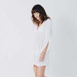 St Barts Crochet Trim Kaftan Cover Up #Beach Dress #White # SA-BLL3753-1 Sexy Swimwear and Cover-Ups & Beach Dresses by Sexy Affordable Clothing