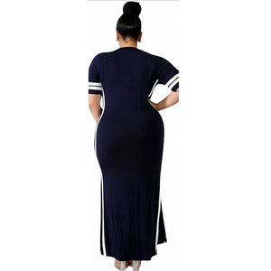 Side Split Plain Maxi Dresses With Contrast Bands #Blue #Short Sleeve #Round Neck #Side Split SA-BLL51306-3 Fashion Dresses and Maxi Dresses by Sexy Affordable Clothing