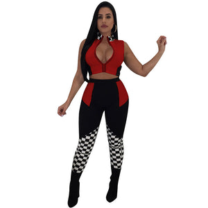 Checkered Racing Zipper Legging Two Piece Set #Two Piece #Zipper #Racing #Splice SA-BLL282484-2 Sexy Clubwear and Pant Sets by Sexy Affordable Clothing