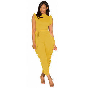 Open Back Ruffled Sleeveless Belted Jumpsuit #Sleeveless #Ruffled SA-BLL55569-1 Women's Clothes and Jumpsuits & Rompers by Sexy Affordable Clothing