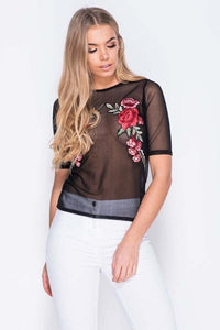 Rose Embroidery Mesh Crop Top  SA-BLL522 Women's Clothes and Blouses & Tops by Sexy Affordable Clothing