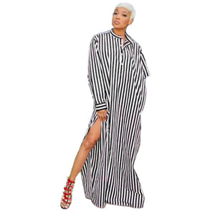 Street Style Striped Cotton Blends Floor Length Dress #Striped #Mandarin Collar SA-BLL51490-4 Fashion Dresses and Maxi Dresses by Sexy Affordable Clothing