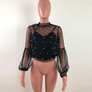 Sexy Beaded Mesh Top With Pop Lantern Sleeves #Mesh #Lantern Sleeves SA-BLL708-2 Women's Clothes and Blouses & Tops by Sexy Affordable Clothing