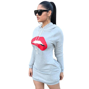 Red Lips Sexy Mini Hooded Dress With Pocket #Hooded SA-BLL27666 Fashion Dresses and Mini Dresses by Sexy Affordable Clothing