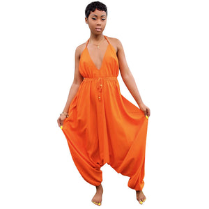 Halter Deep V-neck High Waisted Beachwear Long Jumpsuit #Orange #V Neck #Halter #High Waisted SA-BLL55524-5 Women's Clothes and Jumpsuits & Rompers by Sexy Affordable Clothing