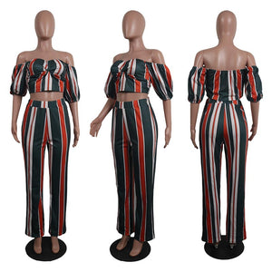 Fashion Bateau Neck Striped Green Two-piece Set #Short Sleeve #Two Piece #Striped SA-BLL282640 Sexy Clubwear and Pant Sets by Sexy Affordable Clothing