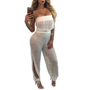 Judy Mesh Strapless Slit Jumpsuit #White # SA-BLL55331-1 Women's Clothes and Jumpsuits & Rompers by Sexy Affordable Clothing