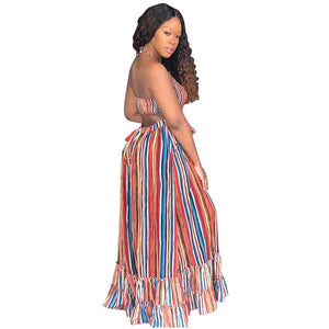 Mixed Color Halter Stripe Print Casual Maxi Dress #Halter #Striped #Print SA-BLL51282 Fashion Dresses and Maxi Dresses by Sexy Affordable Clothing