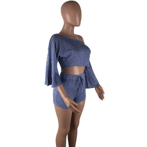 Casual Dew Shoulder Two-piece Shorts Set #Shorts #Long Sleeve #Bateau Neck #Plain SA-BLL282652-2 Sexy Clubwear and Pant Sets by Sexy Affordable Clothing