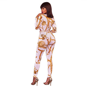 Sexy Deep V Neck Gold Chain Print Skinny Jumpsuit #Jumpsuit #White # SA-BLL55368-2 Women's Clothes and Jumpsuits & Rompers by Sexy Affordable Clothing