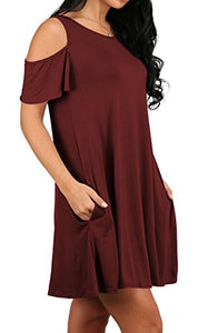 Sexy Women's Cold Shoulder Tunic Top T-shirt Swing Dress With Pockets