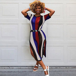 Summer Women Colorful Striped Mesh Sheer Club High Slit Dress #Short Sleeve #Striped #Mesh Sheer SA-BLL51181-2 Fashion Dresses and Maxi Dresses by Sexy Affordable Clothing