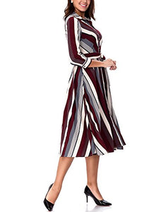 Women's Striped 2/3 Sleeve Midi Shirt Dress with Belt