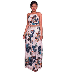 Beige Backless Floral Maxi Two Piece Set #Beige SA-BLL28229 Sexy Clubwear and Skirt Sets by Sexy Affordable Clothing