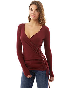 Women's Long Sleeve V Neck Lace Up Blouse