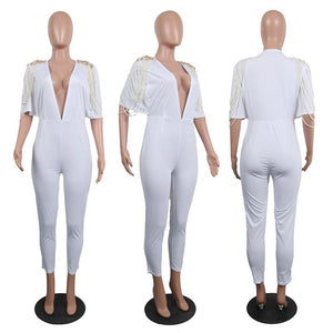 Ruth Pearl Falling Sleeve Jumpsuit #White #Deep-V SA-BLL55513-1 Women's Clothes and Jumpsuits & Rompers by Sexy Affordable Clothing