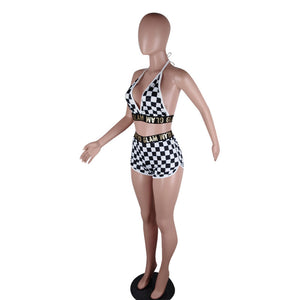 Plaid Square Print Two-piece Set #Two Piece #Print #Plaid SA-BLL2674-1 Sexy Clubwear and Pant Sets by Sexy Affordable Clothing