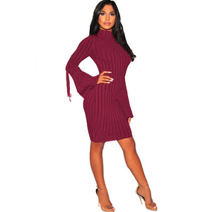 Red Ribbed Knit Mock Neck Lace Up Bell Sleeves Dress #Mini Dress #Red SA-BLL2052-3 Fashion Dresses and Bodycon Dresses by Sexy Affordable Clothing