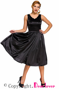 Black Scallop Neck Cinched Waist Ladylike Vintage Dress