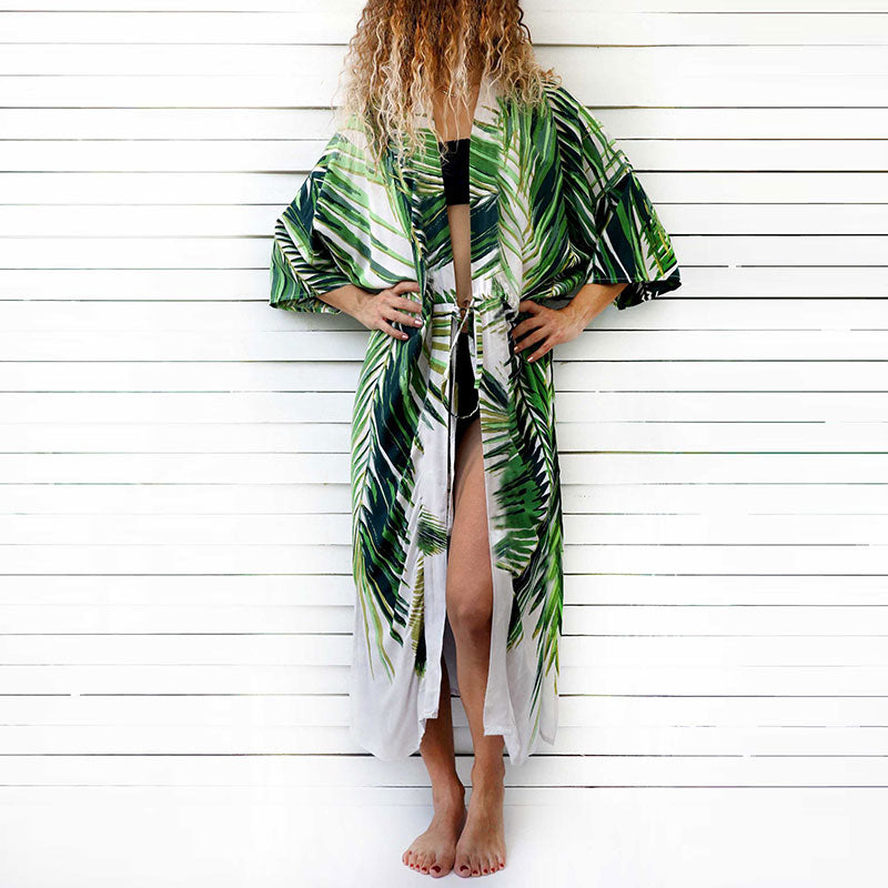 Green Leaf Print Long Beach Kimono Robe #Kimono #Printed SEXY AFFORDABLE CLOTHING Green Leaf Print Long Beach Kimono Robe #Kimono #Printed SEXY AFFORDABLE CLOTHING