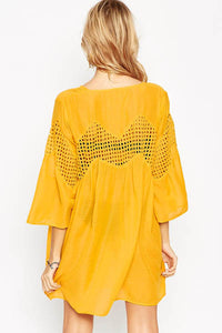 Yellow V Neck Crochet Hollow-out Button Front Smock Dress  SA-BLL38317-3 Sexy Swimwear and Cover-Ups & Beach Dresses by Sexy Affordable Clothing