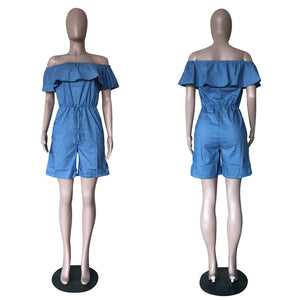 Off Shoulder Ruffle Cinched-Waist Romper #Ruffle #Off The Shoulder SA-BLL55583 Women's Clothes and Jumpsuits & Rompers by Sexy Affordable Clothing