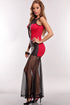 Red Black Lame Cut Out Sexy Sheer Bottom Maxi Dress