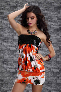 Ladys Sequin Strapless Tube Mini Dress Orange Floral Print Clubw  SA-BLL2030-2 Sexy Clubwear and Club Dresses by Sexy Affordable Clothing