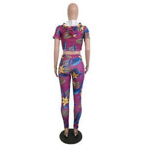 Casual Hooded Collar Floral Printed Two-Piece Pants Set #Short Sleeve #Two Piece #Hooded #Print SA-BLL282449-3 Sexy Clubwear and Pant Sets by Sexy Affordable Clothing