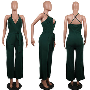 Straps Halter Women's Wide Leg Jumpsuits #Green #Straps #Deep-V SA-BLL55514-6 Women's Clothes and Jumpsuits & Rompers by Sexy Affordable Clothing