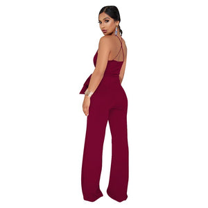 Straps Halter Women's Wide Leg Jumpsuits #Straps #Claret #Deep-V SA-BLL55514-5 Women's Clothes and Jumpsuits & Rompers by Sexy Affordable Clothing