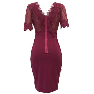 Red Deep V Neck Mesh Lace Sexy Bodycon Bandage Dress #Short Sleeve SA-BLL36016-2 Fashion Dresses and Midi Dress by Sexy Affordable Clothing