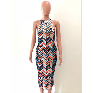 Wavy Strippes Printed Colorful Backless Party Dress #Backless #Halter #Strippes SA-BLL51207 Fashion Dresses and Maxi Dresses by Sexy Affordable Clothing
