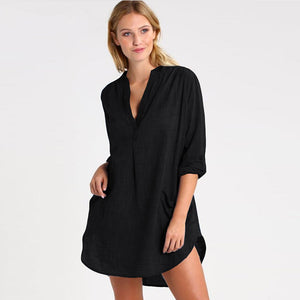 Black Long Sleeve Pockets Solid Beach Blouse #Black #V Neck #Long Sleeve #Knitting SA-BLL38518-2 Sexy Swimwear and Cover-Ups & Beach Dresses by Sexy Affordable Clothing