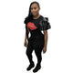 Printed Lips Leather Lotus Sleeve Jumpsuit Pants #Black SA-BLL55195 Women's Clothes and Jumpsuits & Rompers by Sexy Affordable Clothing